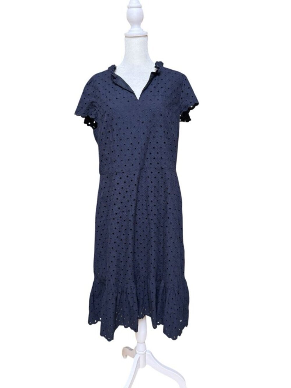 Talbots Navy Eyelet Cotton Midi Dress Womens Size 12 Ruffle Hem